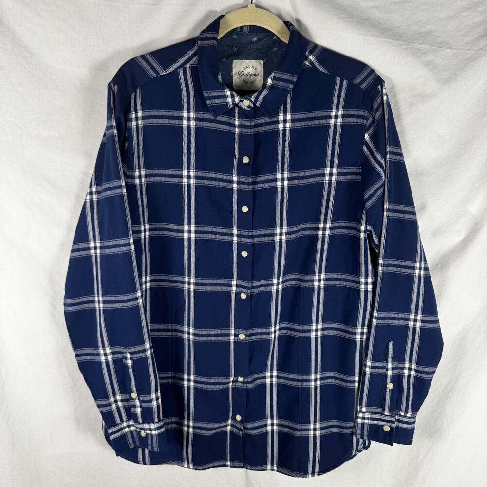 Jachs Girlfriend Womens Flannel Shirt Large Blue White Plaid Button Up EUC